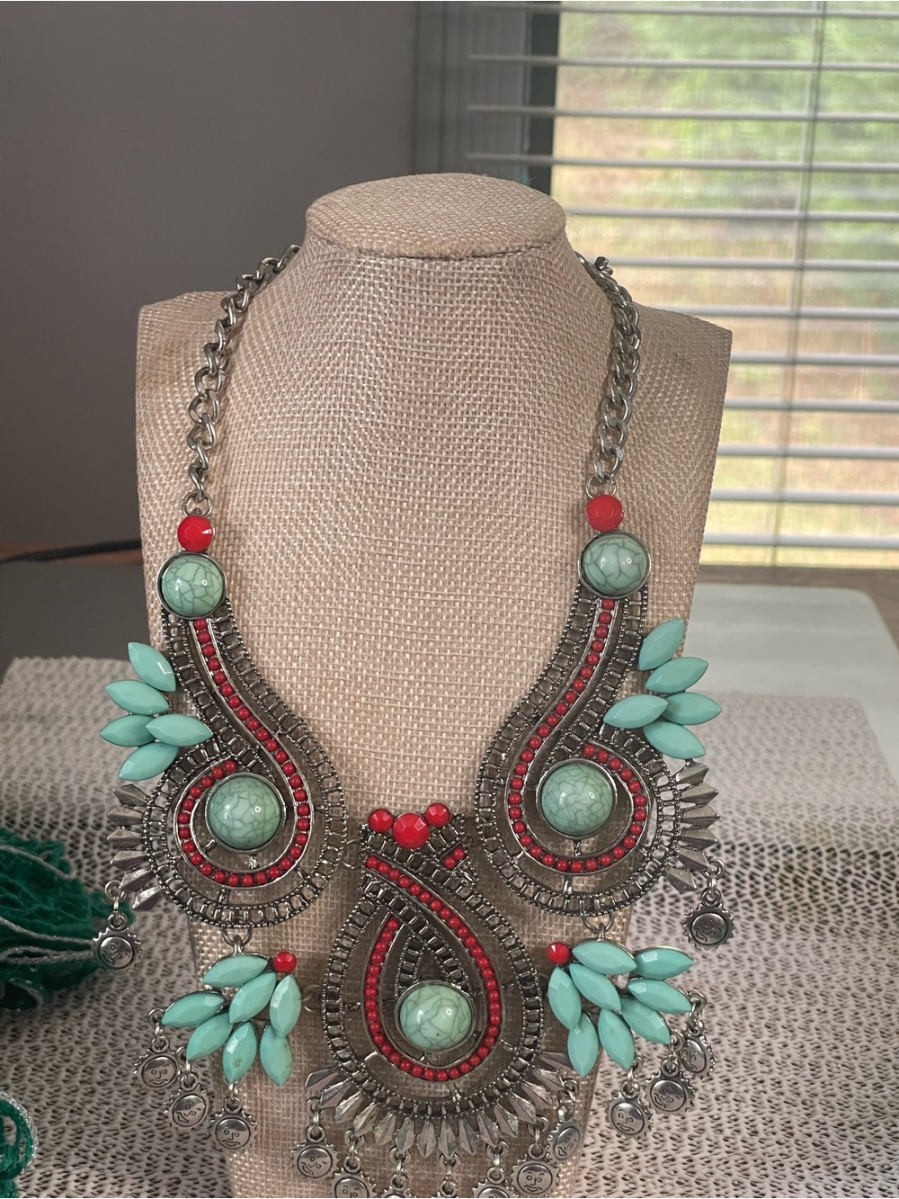 Charming Charlie turquoise and red silver statement necklace